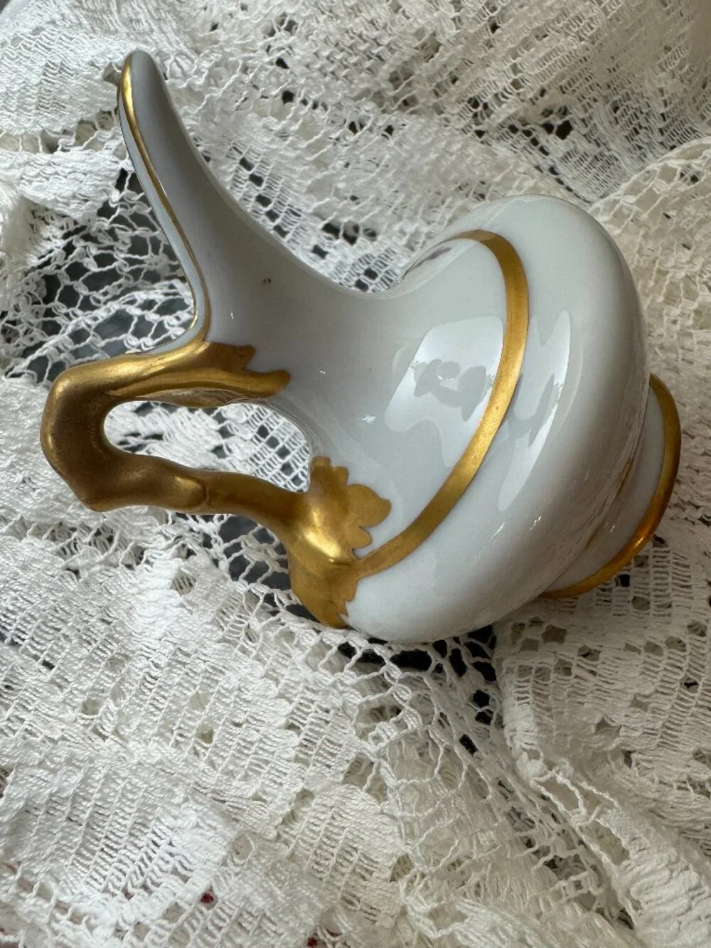 Vintage Limoges France Hand Painted 4” Porcelain Floral Ewer Pitcher Gold Gilt